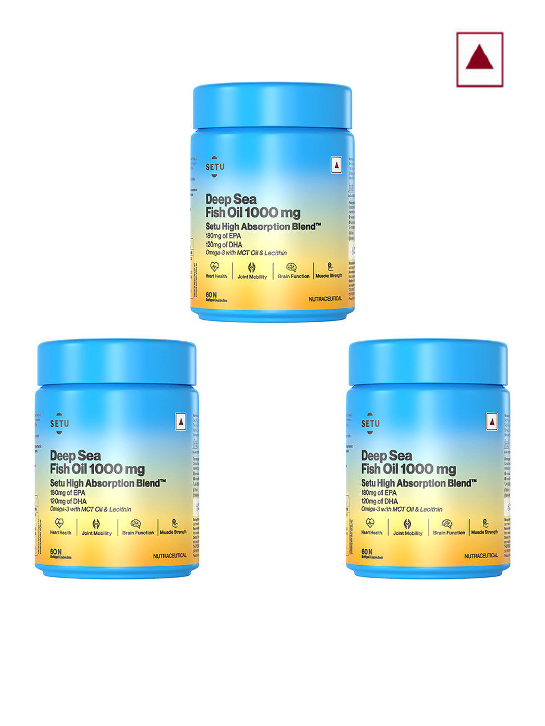 

SETU Set of 3 Deep Sea Fish Oil 1000mg For Brain Heart & Joints - 60 Capsules Each, Blue