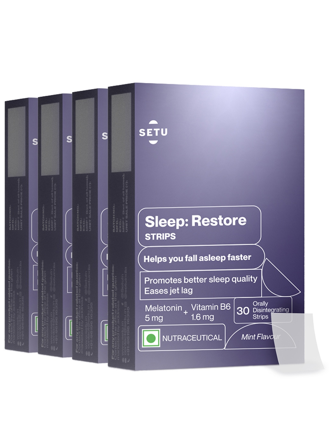 

Setu Pack of 4 Sleep Restore Melatonin 30 Orally Dissolving Strips - 5mg Mint Flavor, Purple