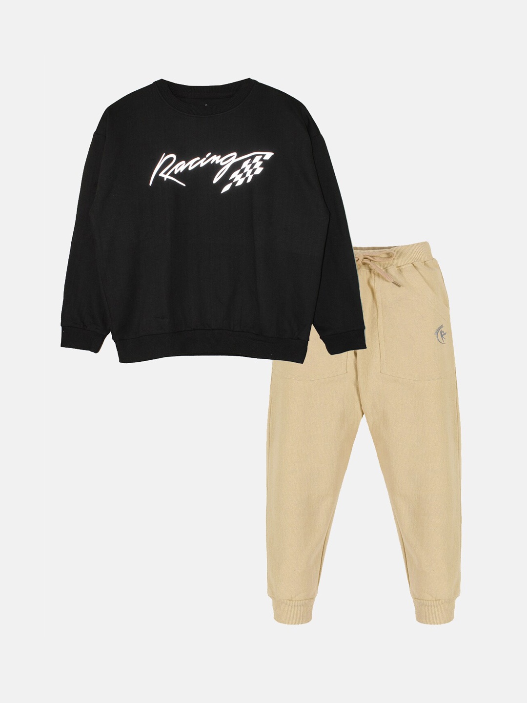 

KiddoPanti Boys Typography Printed Fleece Sweatshirt With Joggers, Black