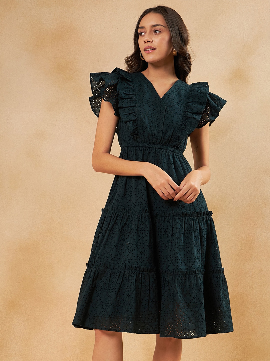 

Femella Self Design Flutter Sleeve Ruffled Fit And Flare Pure Cotton Dress, Green