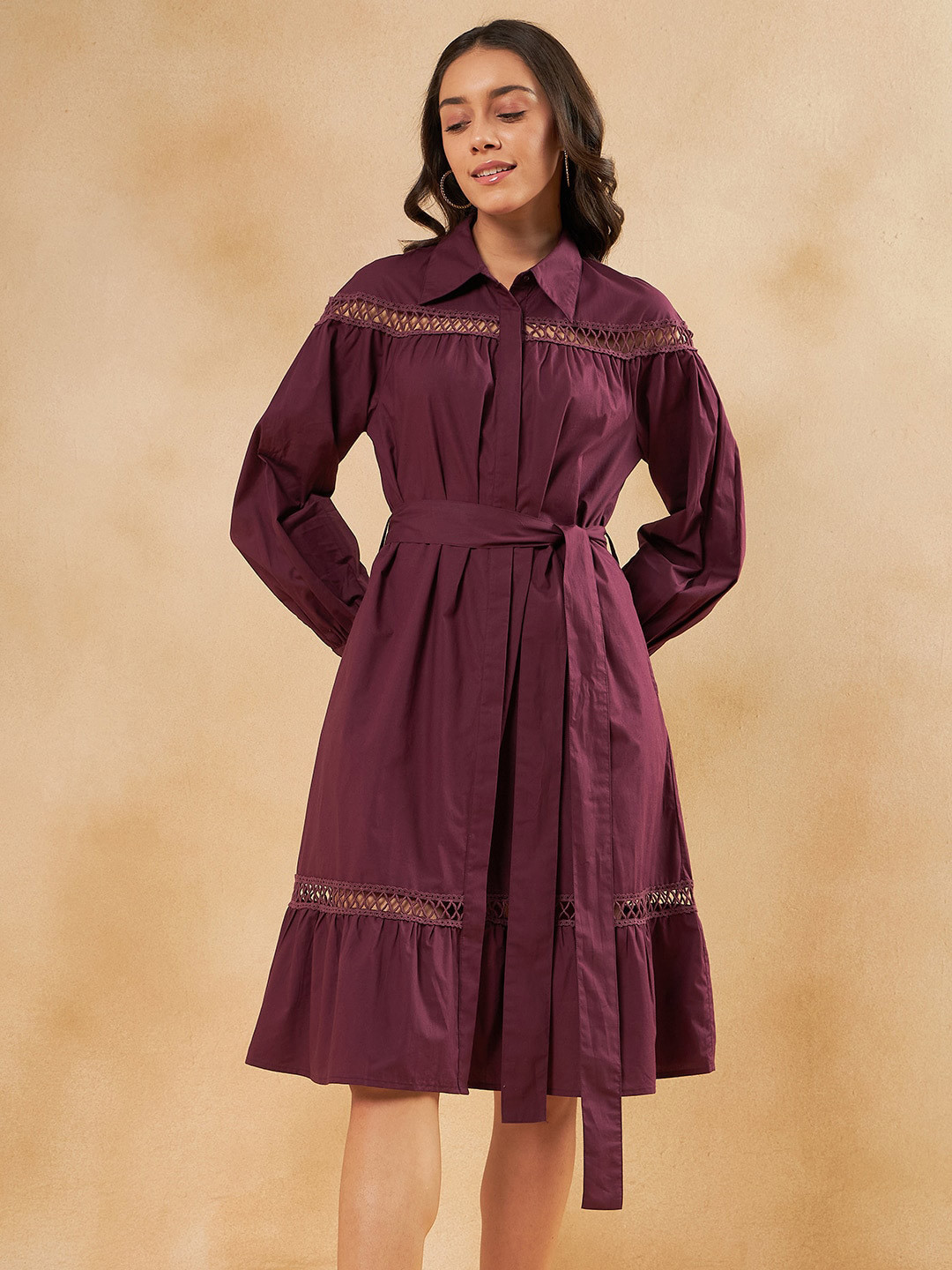 

Femella Cuffed Sleeves Lace Detailed Pure Cotton Shirt Dress, Maroon