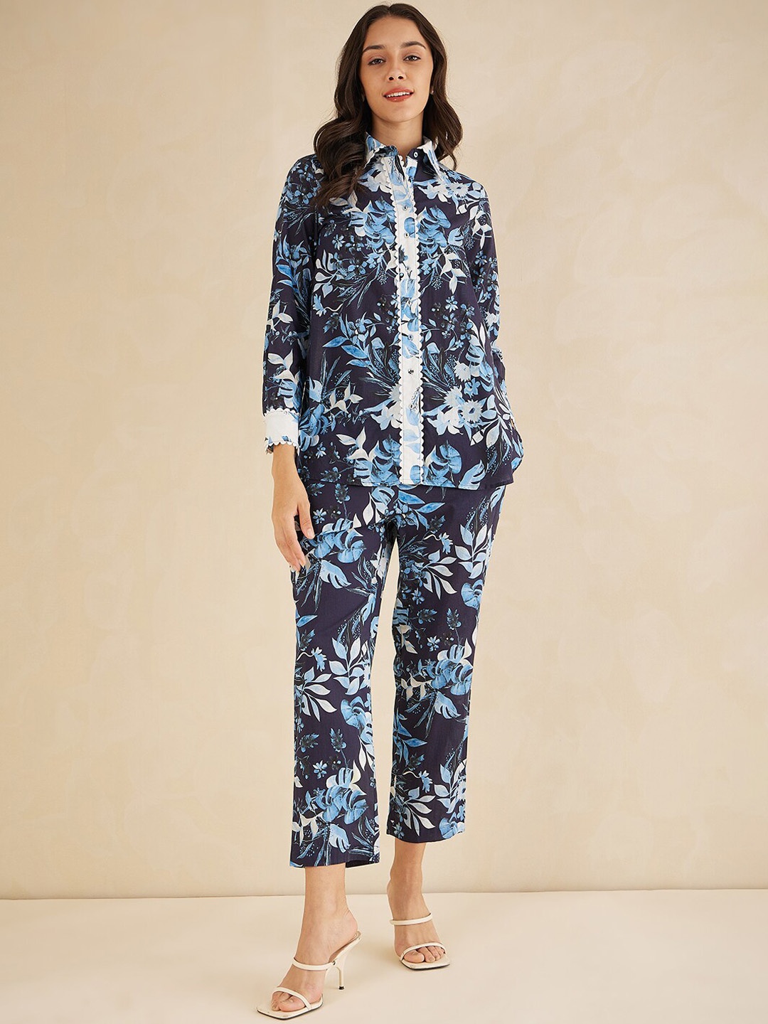 

FEMMELLA Printed Shirt Collar Pure Cotton Shirt With Trouser, Navy blue