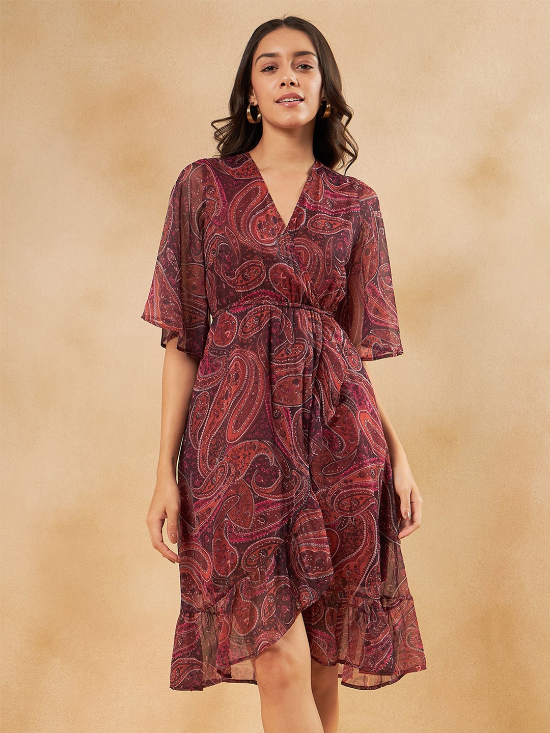 

FEMMELLA Paisley Printed Flared Sleeves Ruffled Midi Wrap Dress, Purple