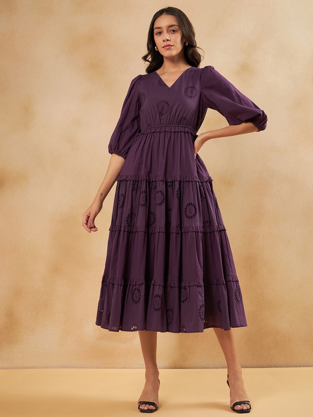 

FEMMELLA Puff Sleeve Ruffled Tiered Schiffli Pure Cotton Fit and Flare Midi Dress, Purple