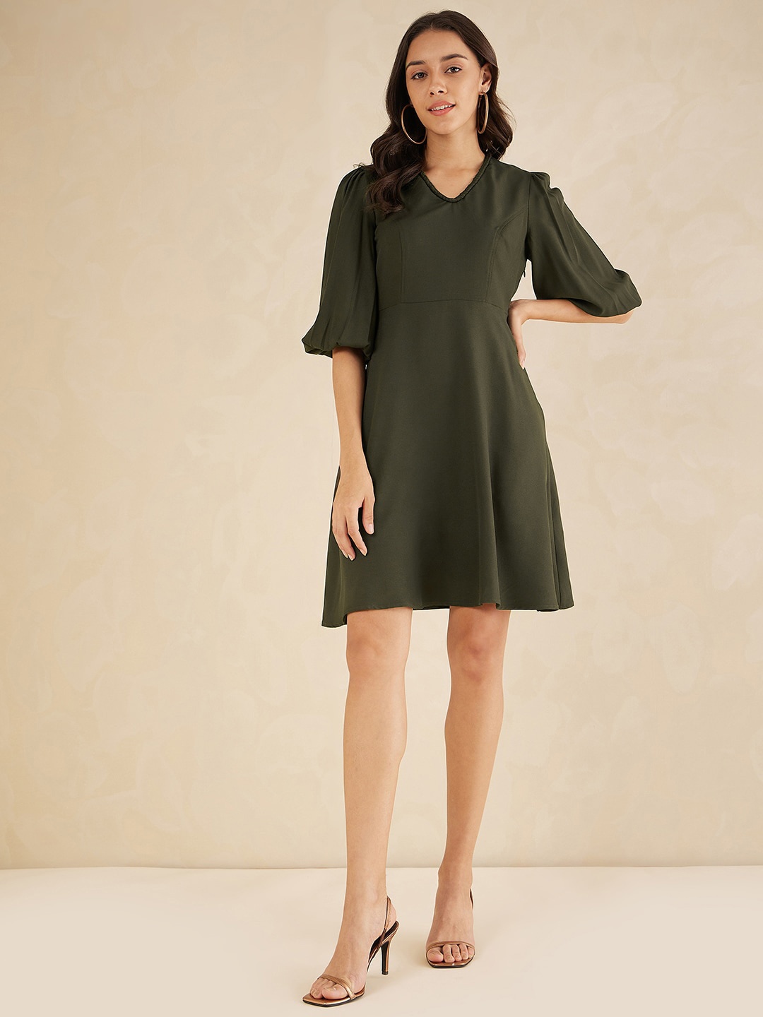 

FEMMELLA V-Neck Puff Sleeves A-Line Dress, Olive