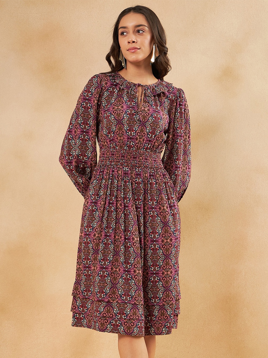 

Femella Ethnic Motifs Printed Smocked Puff Sleeve Tiered Fit and Flare Midi Dress, Pink