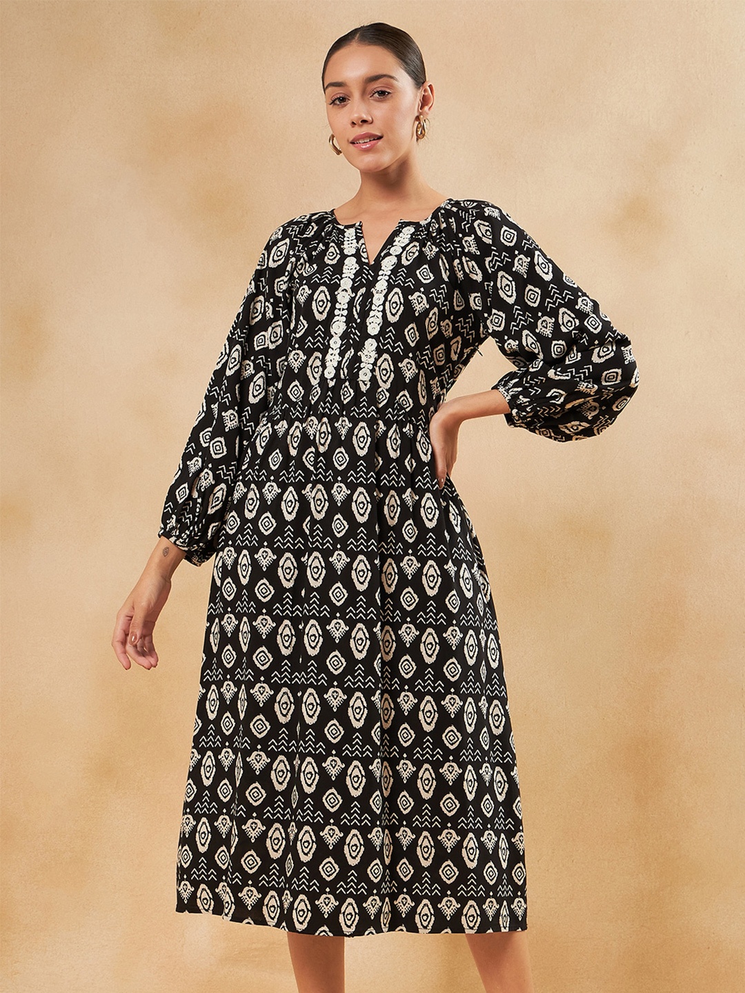 

FEMMELLA Tribal Printed Embroidered Puff Sleeve A-line Midi Dress, Black