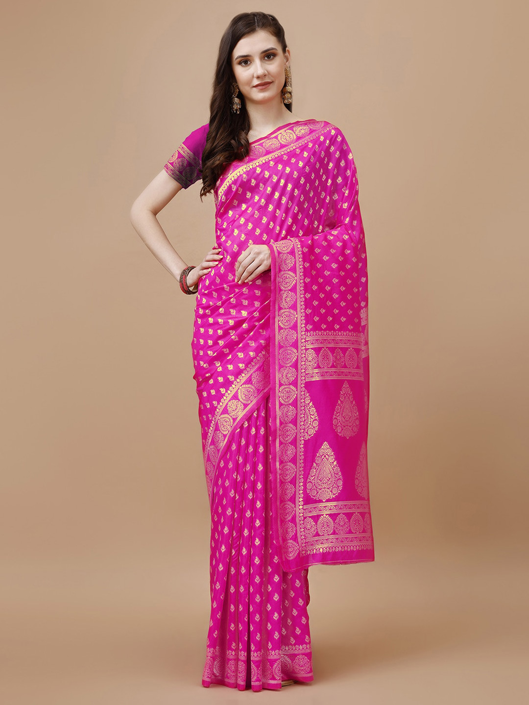 

MAGMINA Ethnic Motifs Woven Design Zari Pure Silk Banarasi Saree, Pink