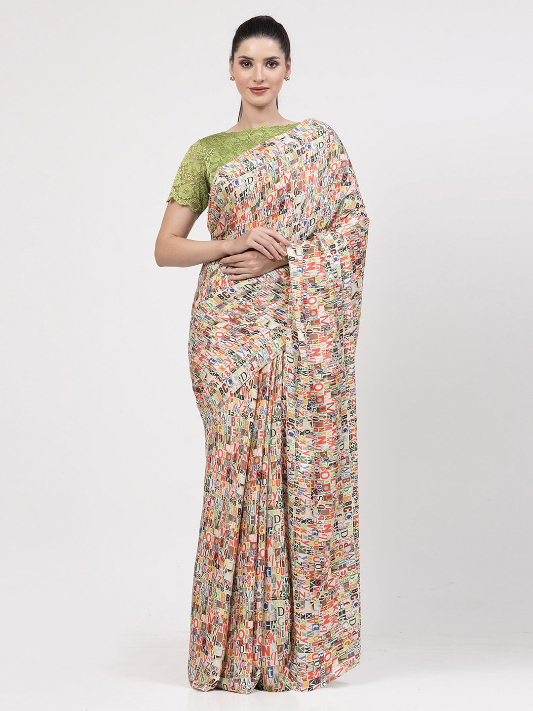 

OFFICE & YOU Typography Printed Satin Saree, White