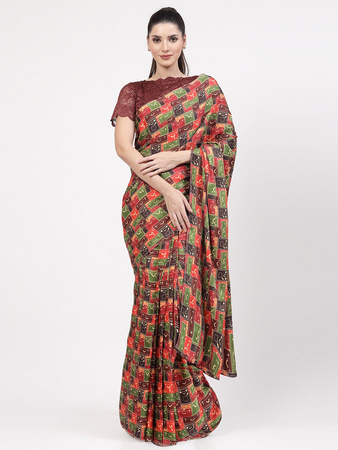 

OFFICE & YOU Geometric Printed Satin Saree, Red