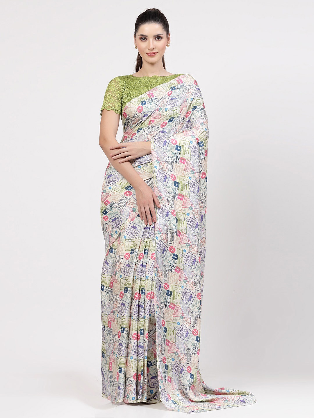 

OFFICE & YOU Typography Printed Satin Saree, White