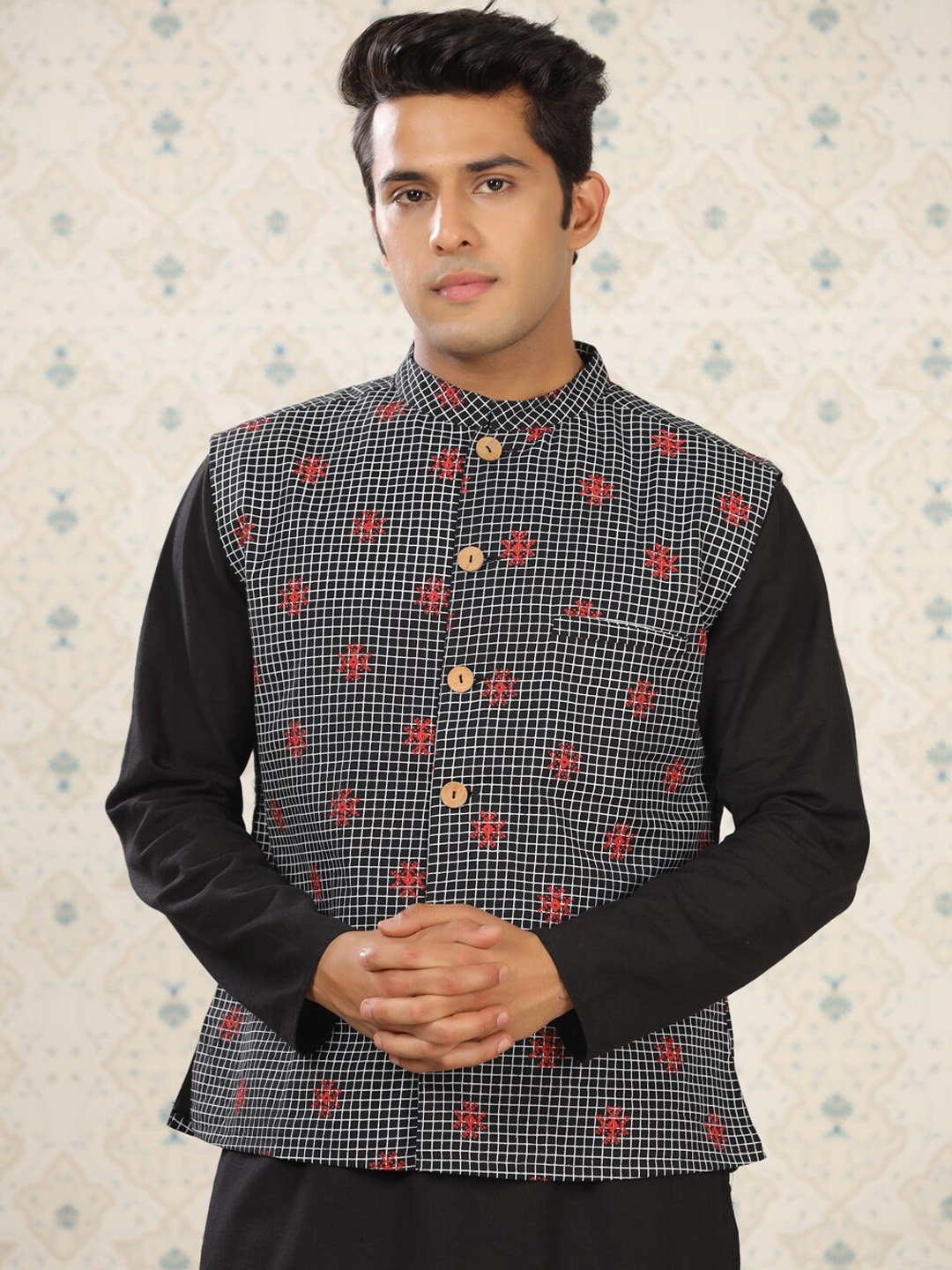 

Ode by House of Pataudi Checked Cotton Linen Nehru Jacket, Black