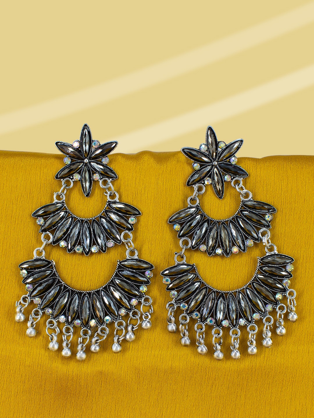 

PRIVIU Black Floral Silver-Plated Drop Earrings