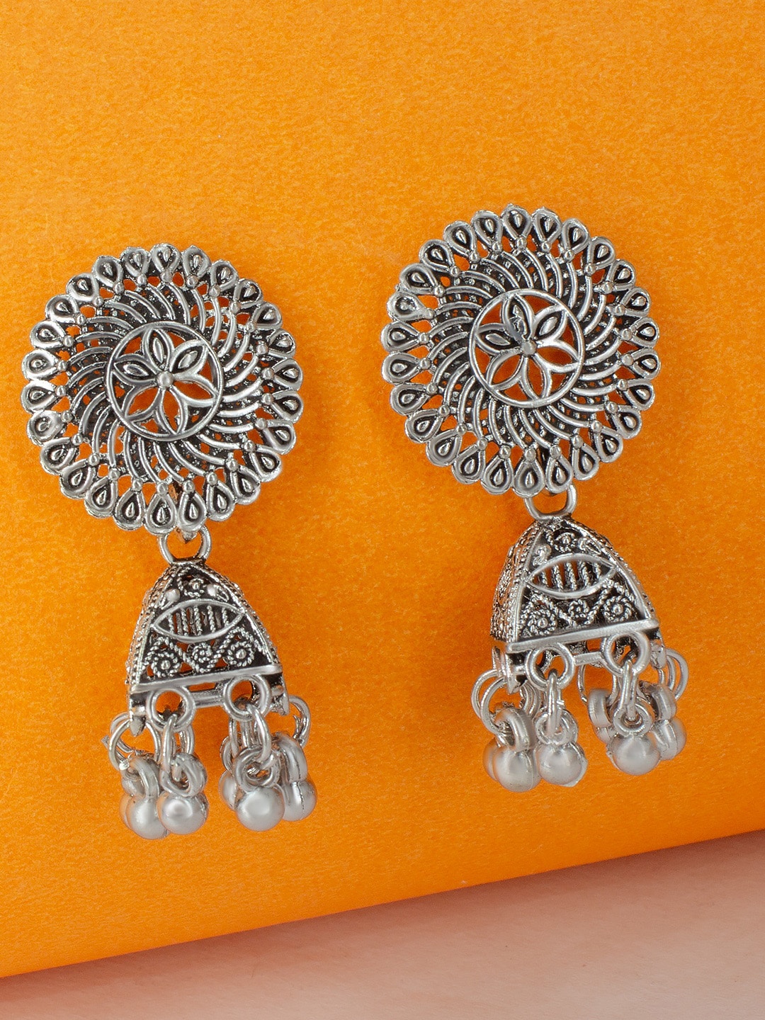 

PRIVIU Silver-Toned Dome Shaped Jhumkas Earrings