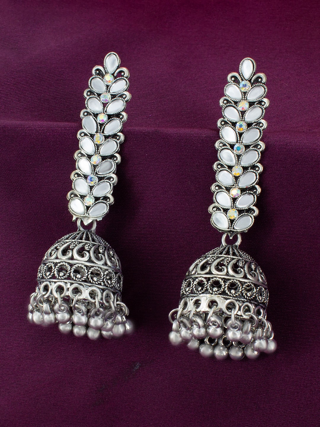 

PRIVIU Silver-Plated Artificial Stones Dome Shaped Jhumkas