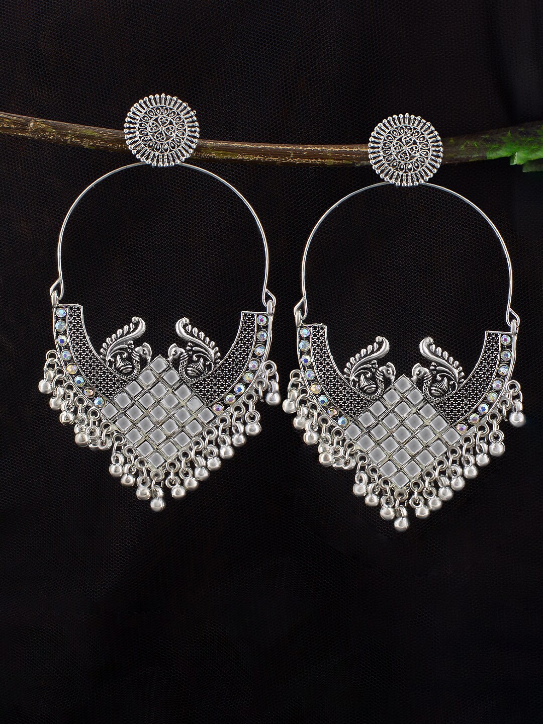 

PRIVIU Silver-Plated Peacock Oxidized Shaped Drop Earrings