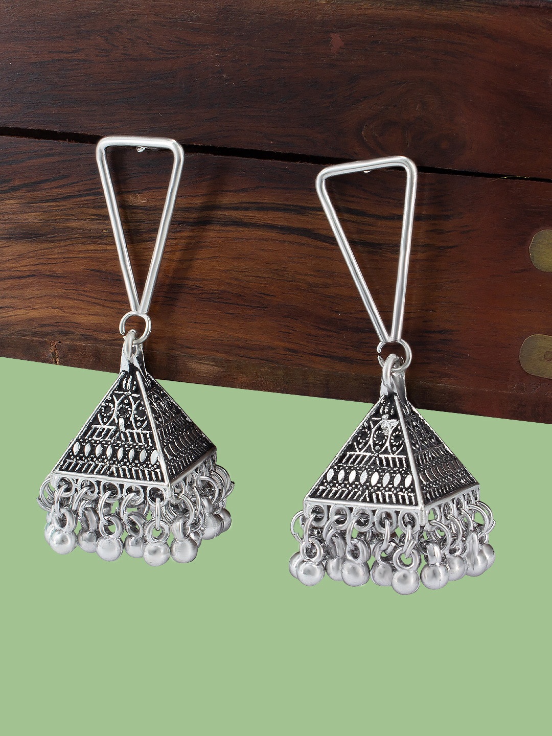 

PRIVIU Oxidised Triangular Jhumkas, Silver