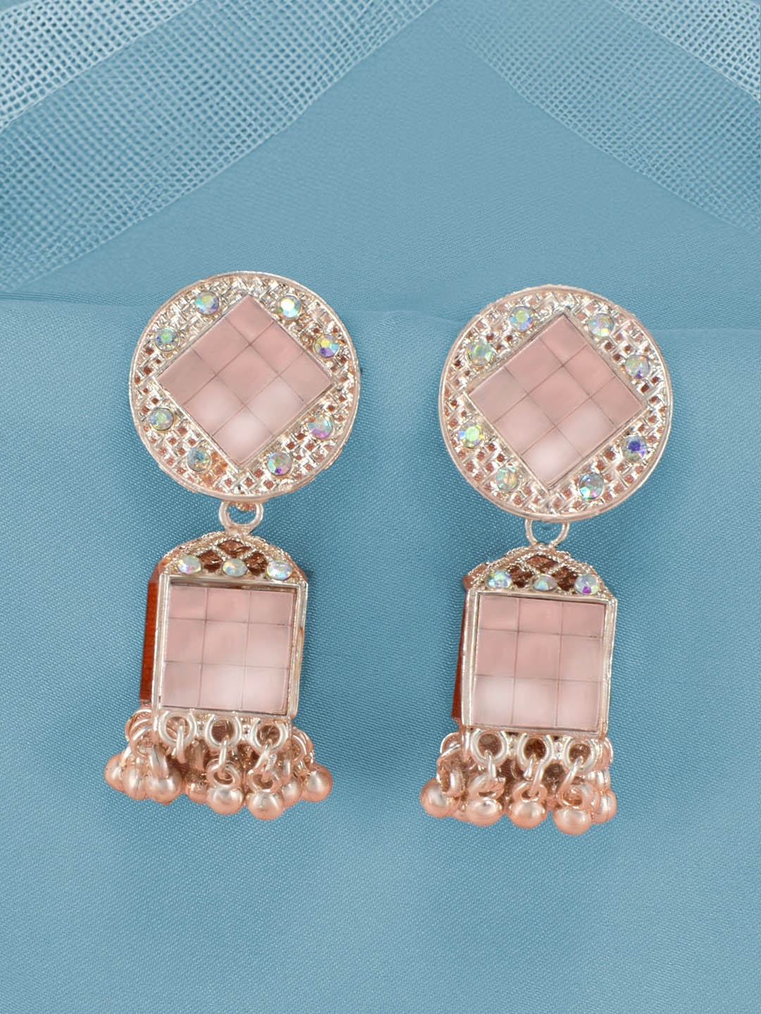 

PRIVIU Rose Gold-Plated Stone-Studded & Beaded Jhumkas