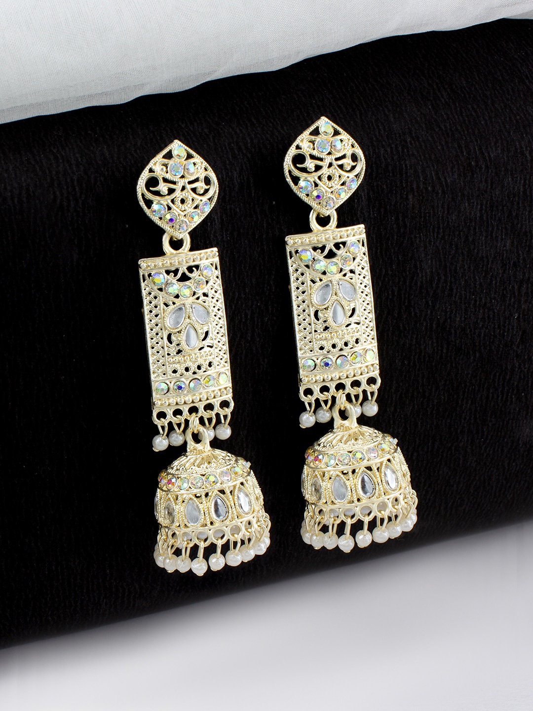 

PRIVIU Gold Plated Stone Studded & Beaded Jhumkas