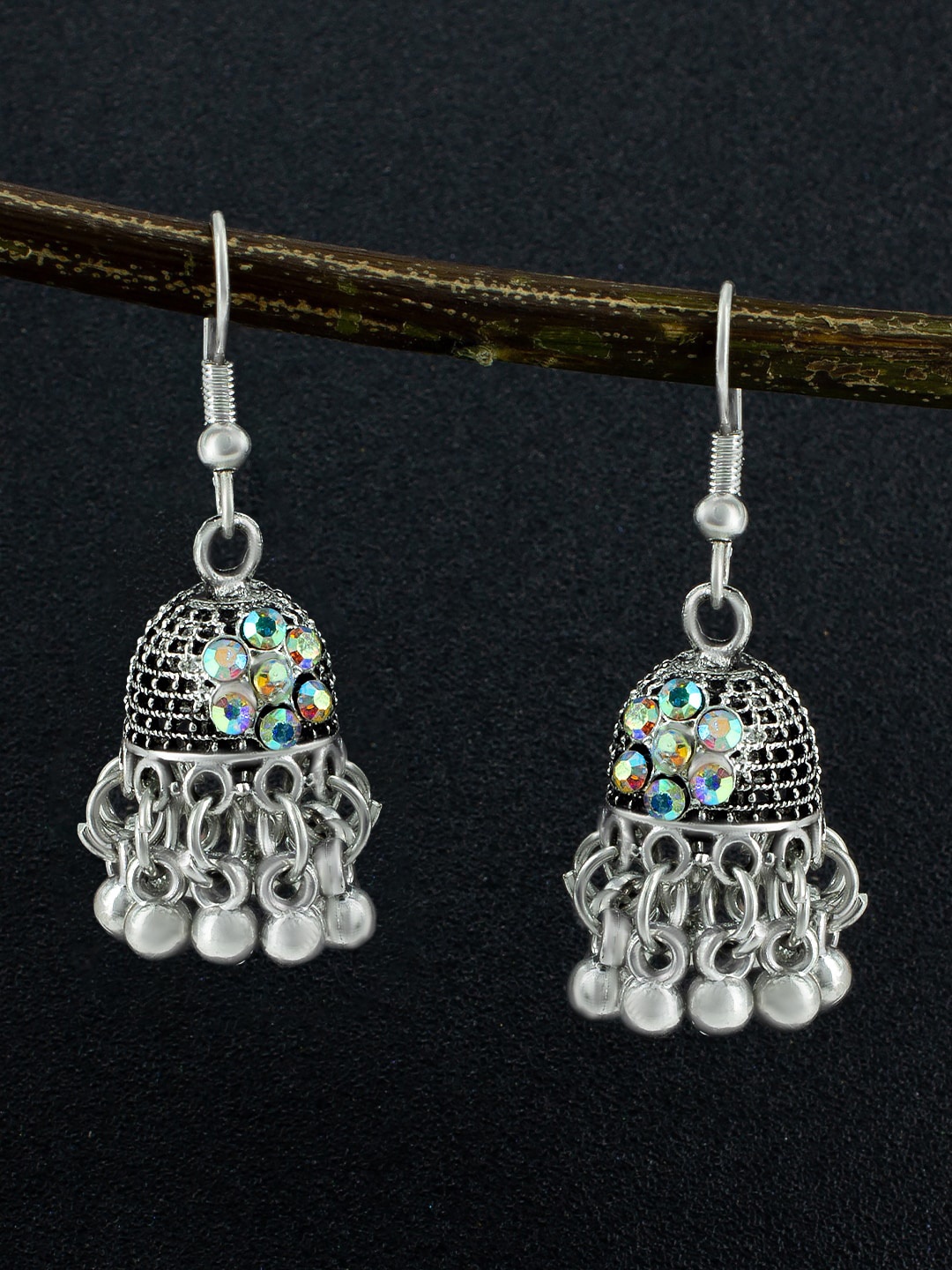 

PRIVIU Artificial Stones Studded Dome Shaped Jhumkas, Silver