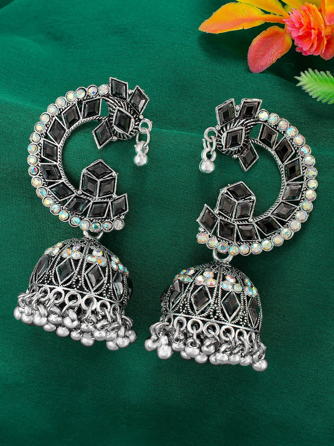 

PRIVIU Silver-Plated Dome Shaped Stone Studded & Beaded Jhumkas