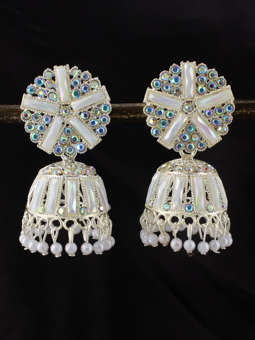 

PRIVIU Gold-Plated Dome Shaped Stone Studded & Beaded Jhumkas