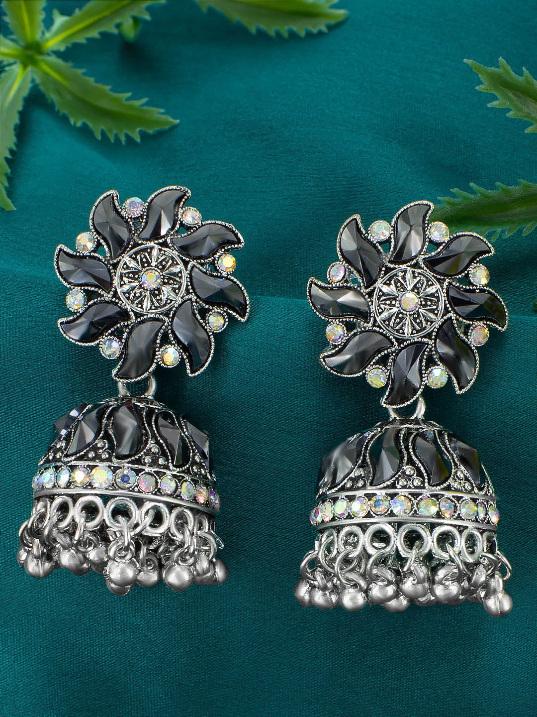 

PRIVIU Silver-Plated Floral Oxidised Jhumkas