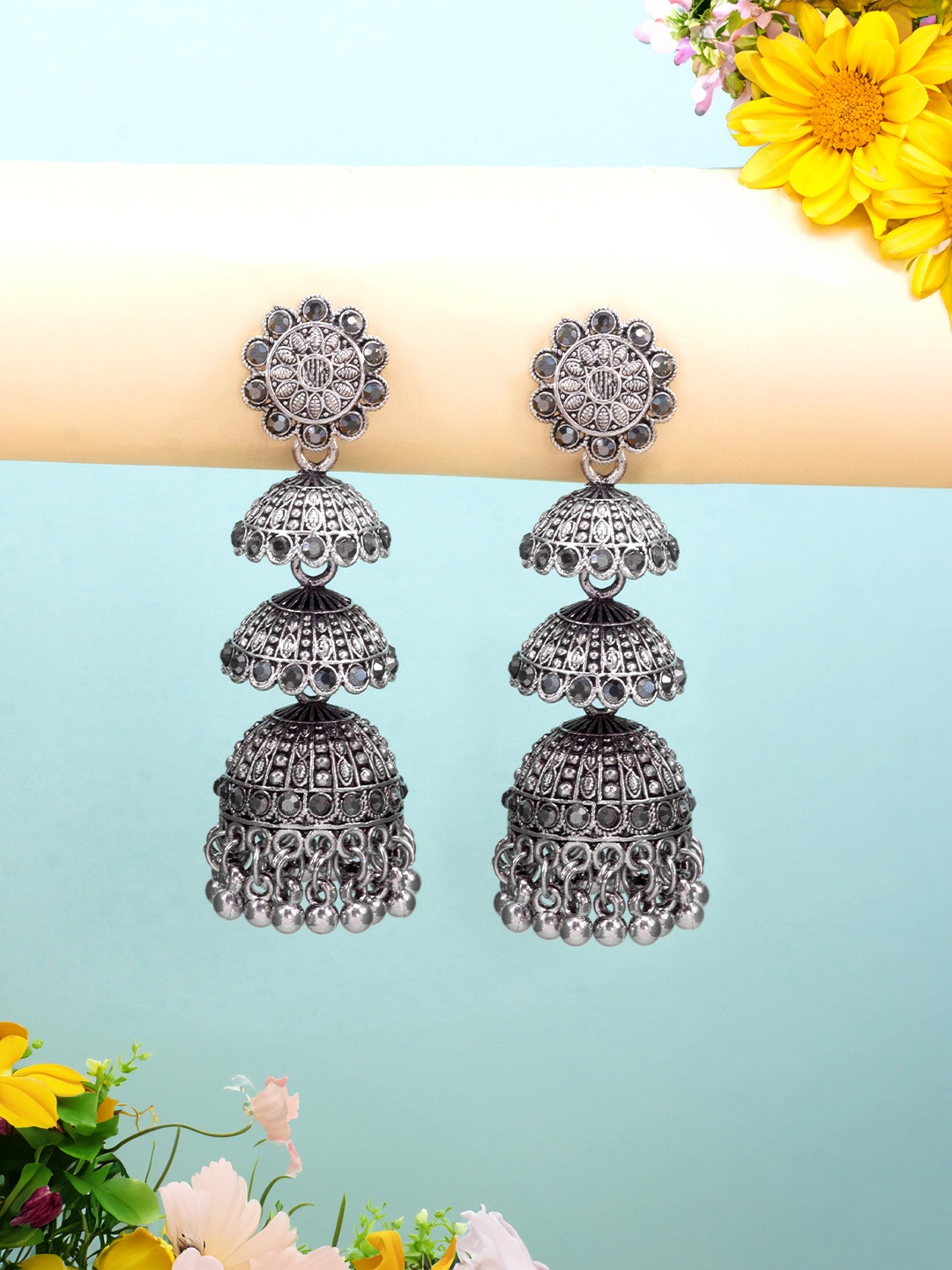 

PRIVIU Oxidised Stone-Studded Dome Shaped Layered Jhumkas Earrings, Silver