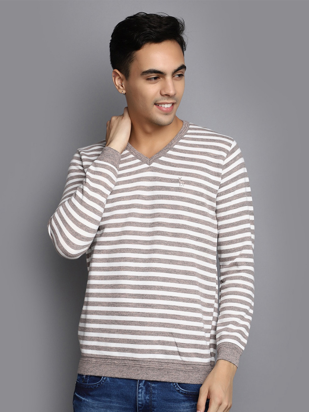 

V-Mart Striped Long Sleeves V-Neck Cotton Pullover, Brown