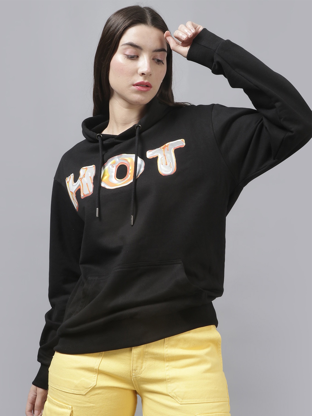

Beetein Lamhein Typography Printed Hooded Cotton Oversized Sweatshirt, Black