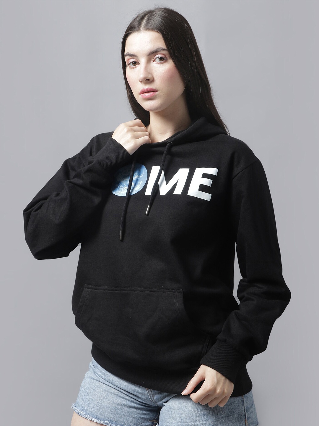 

Beetein Lamhein Typography Printed Hooded Cotton Oversized Sweatshirt, Black