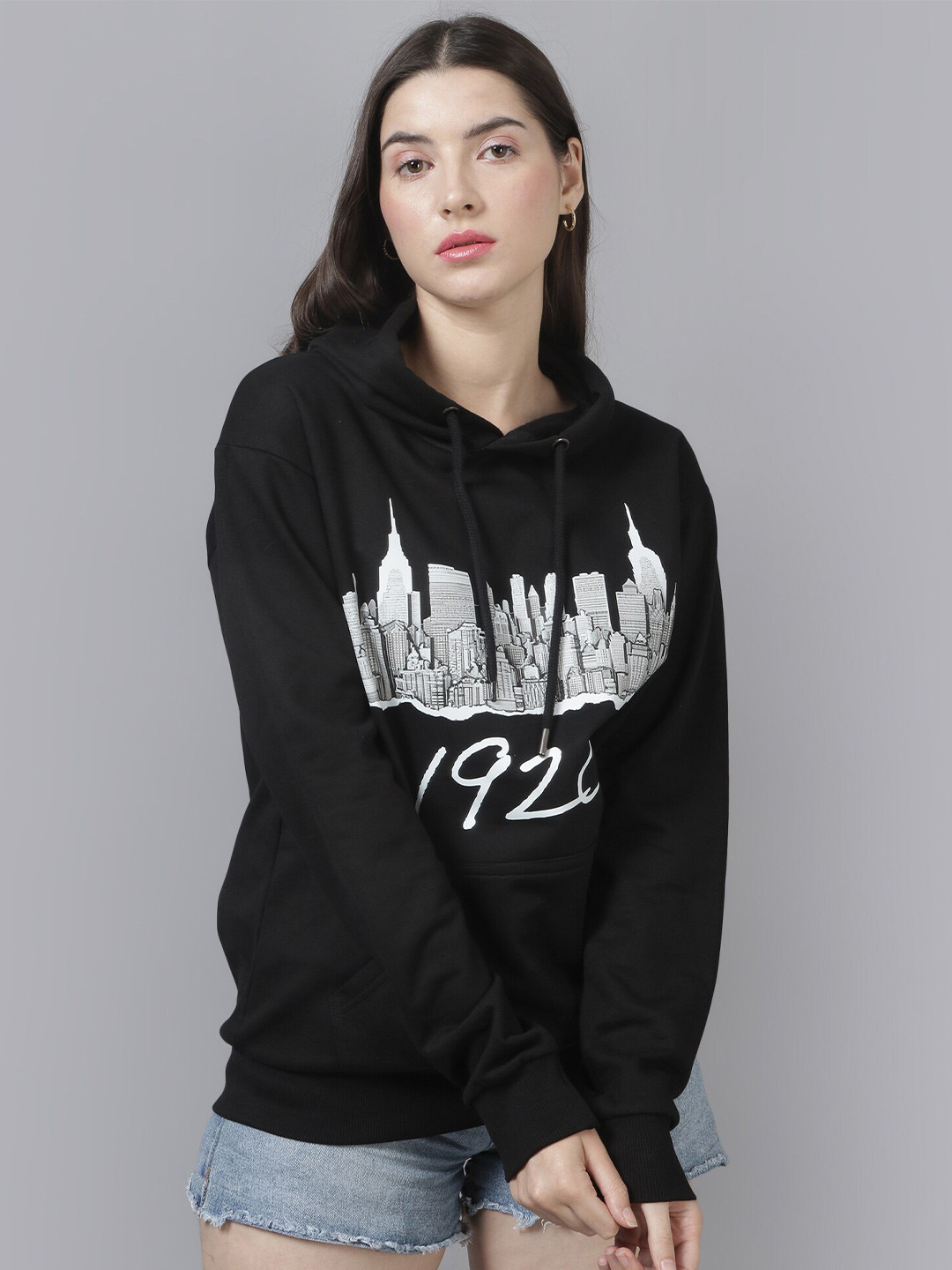 

Beetein Lamhein Graphic Printed Hooded Cotton Oversized Sweatshirt, Black