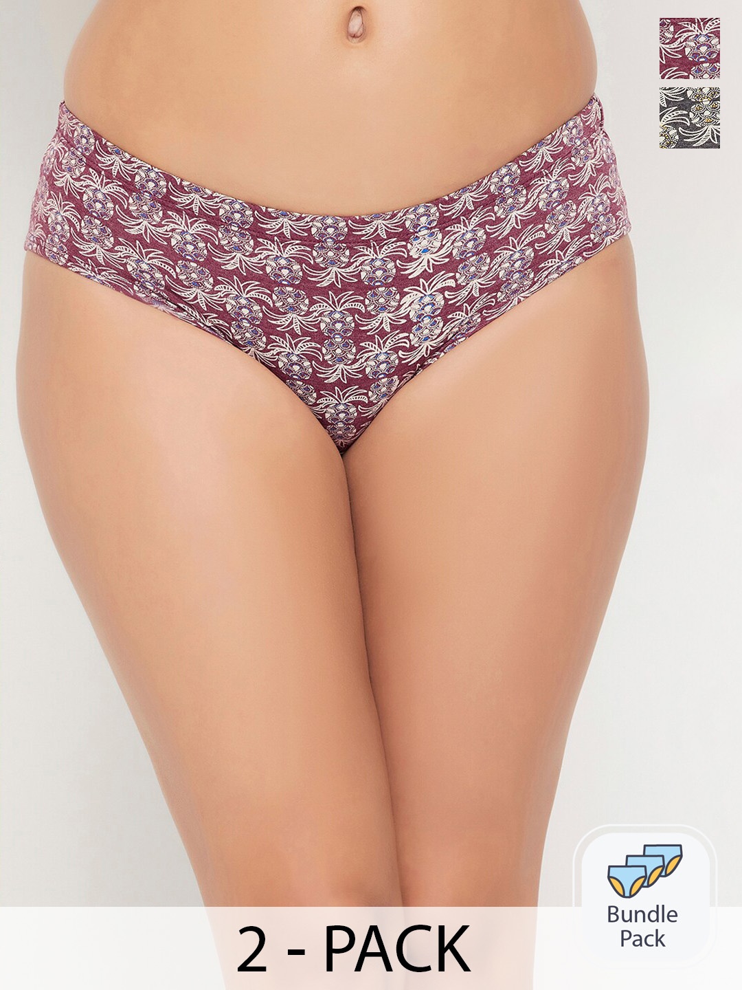 

Clovia Pack Of 2 Maroon & Grey Geometric Printed Pure Cotton Hipster Briefs