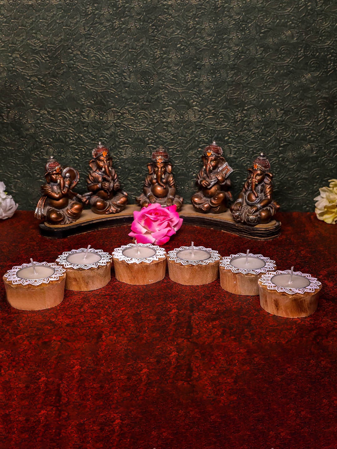 

COOPTIC Set Of 10 Round Lotus Block Wooden Tea Light Candle Holder, Brown