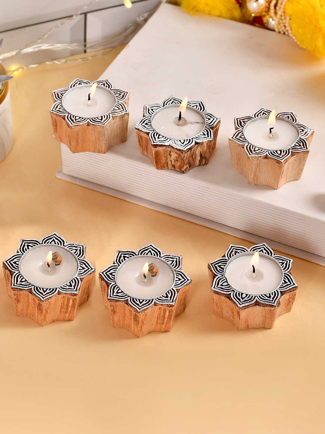COOPTIC Set Of 15 Lotus Shaped Block Wooden Tea Light Candle Holder, Brown