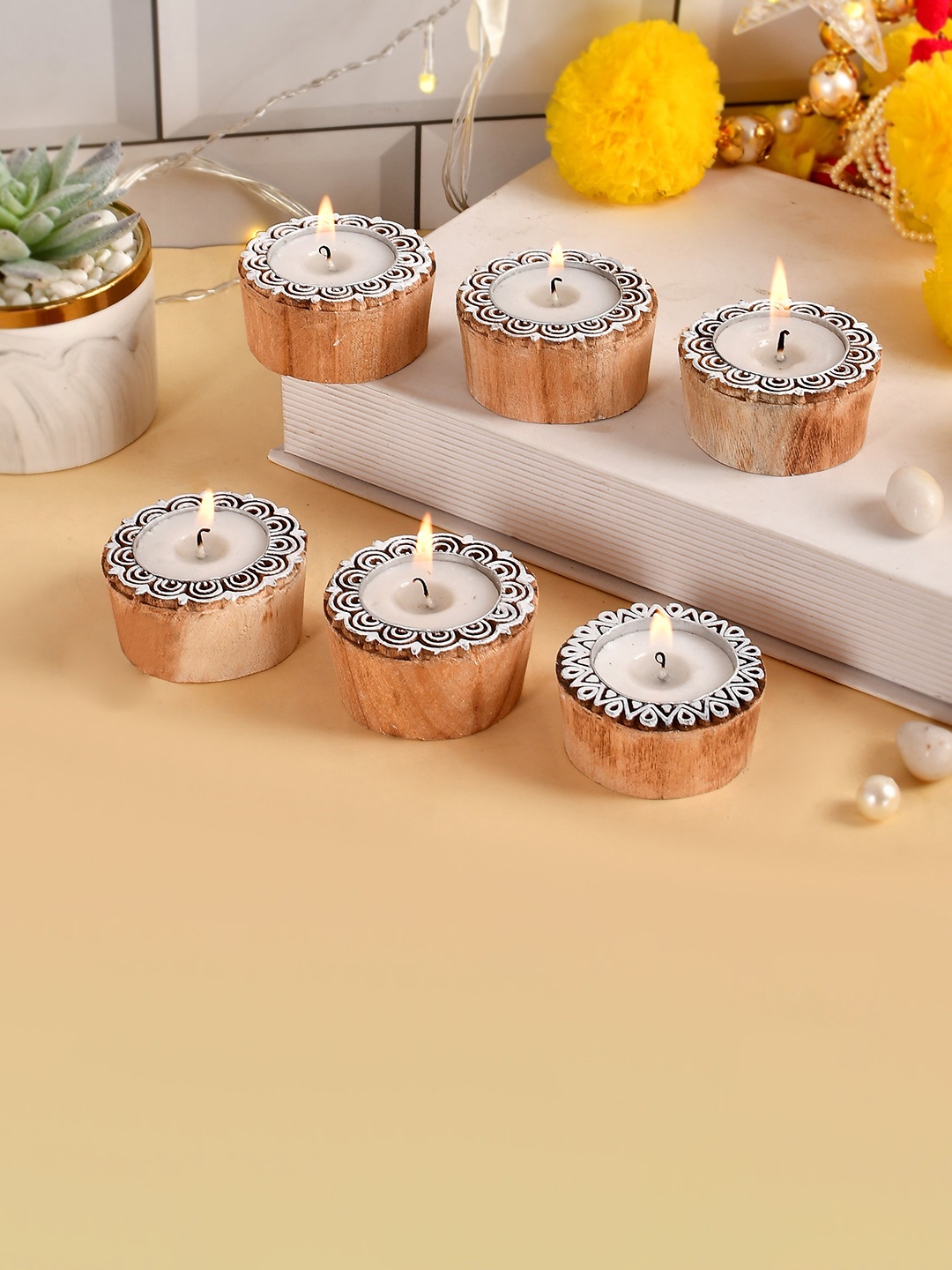 

COOPTIC Round Block Wooden Tea Light Candle Holder, Brown