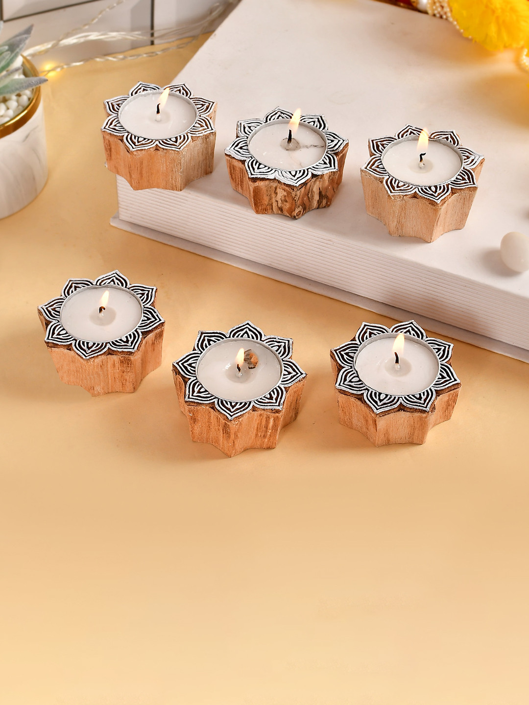 

COOPTIC Set Of 10 Lotus Shaped Block Wooden Tea Light Candle Holder, Brown