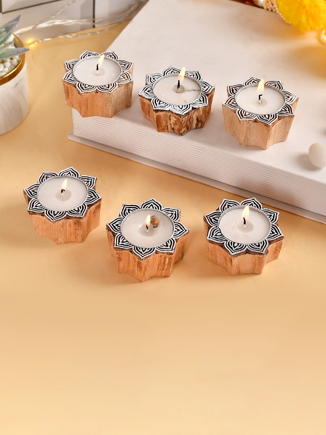 

COOPTIC Lotus Block Wooden Tea Light Candle Holder, Brown