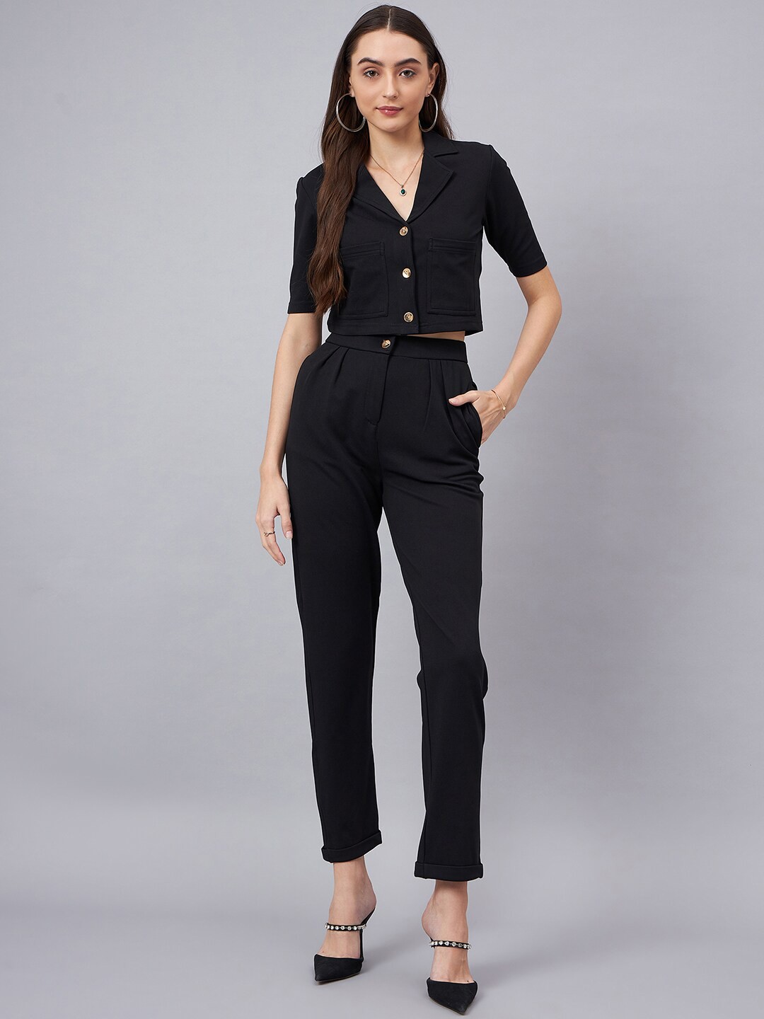 

Chemistry Notched Lapel Collar Crop Top With Trouser, Black