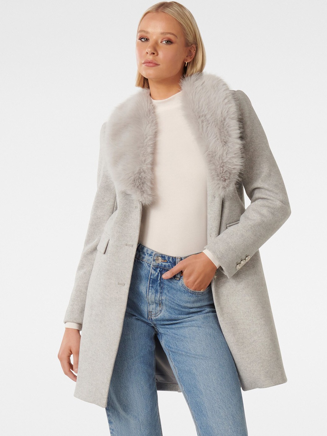 

Forever New Double Breasted Faux Fur Trim Longline Overcoat, Grey