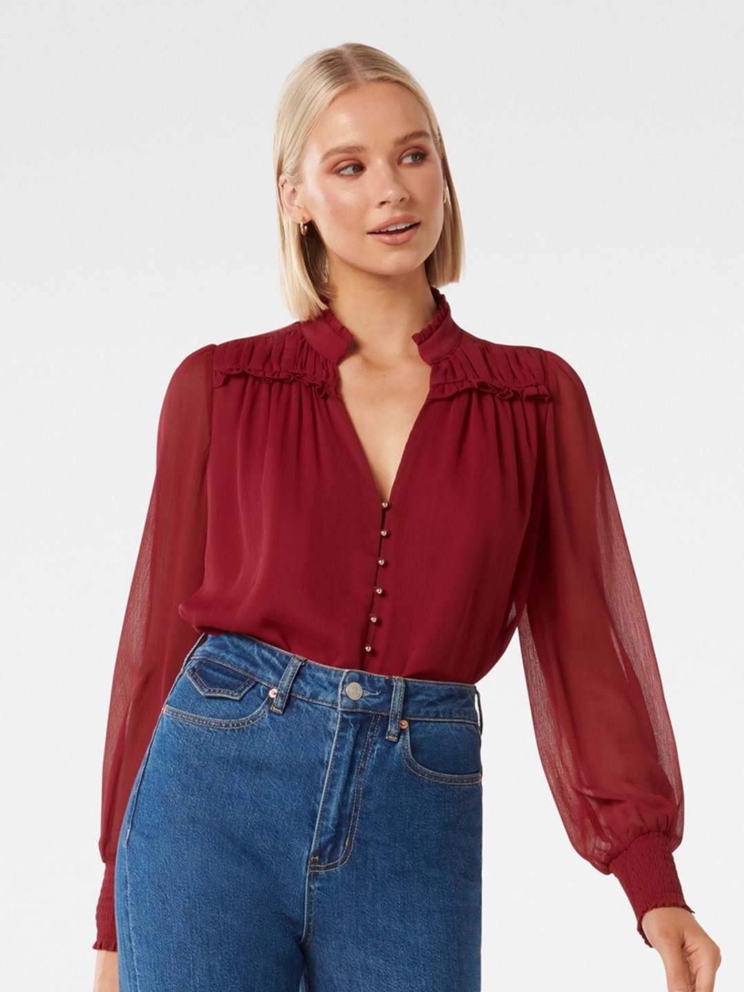 

Forever New Smocked Ruffled Mandarin Collar Gathered Shirt Style Top, Maroon