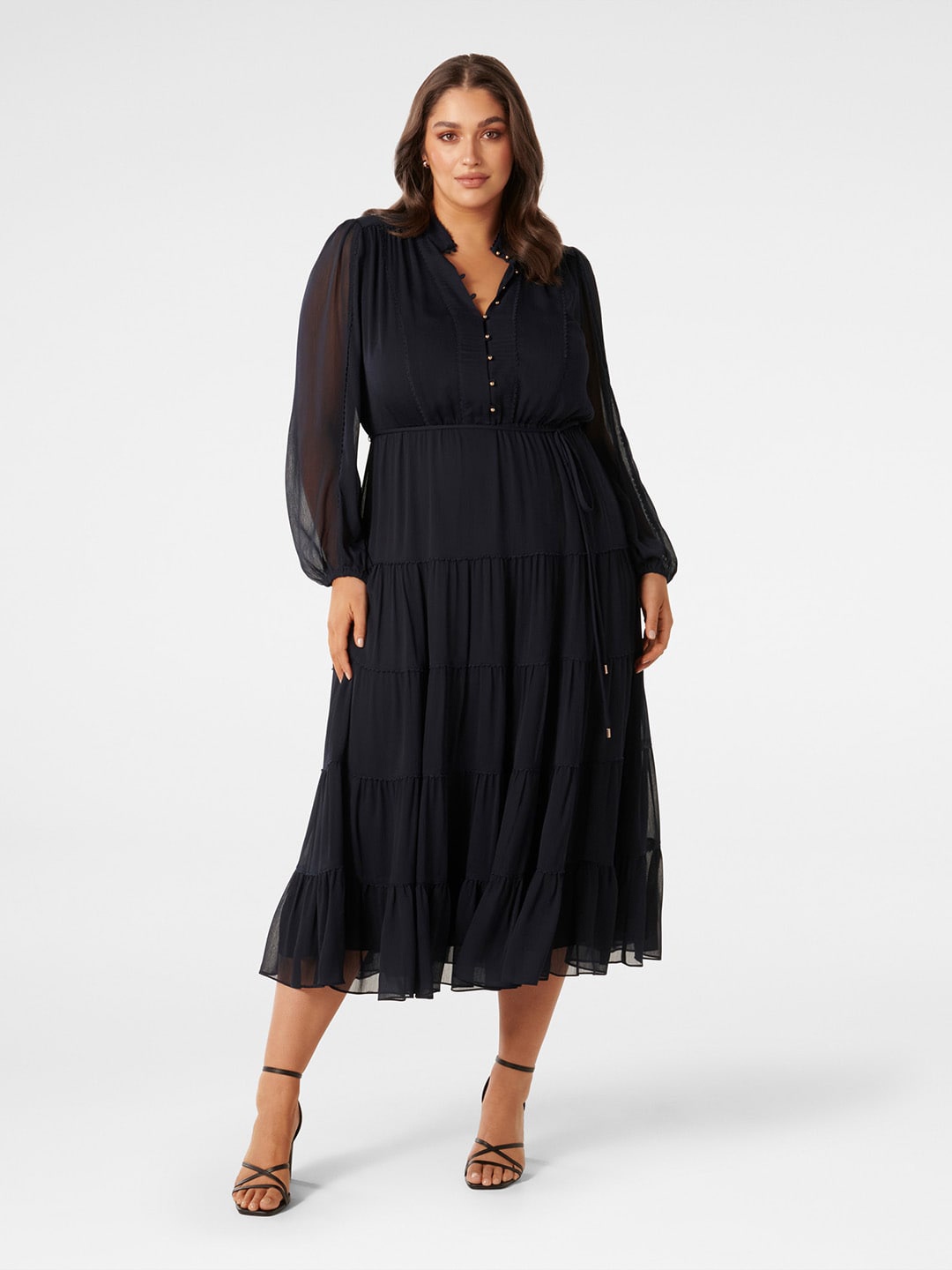 

Forever New Mandarin Collar Puff Sleeves Gathered Fit & Flare Midi Dress, Navy blue