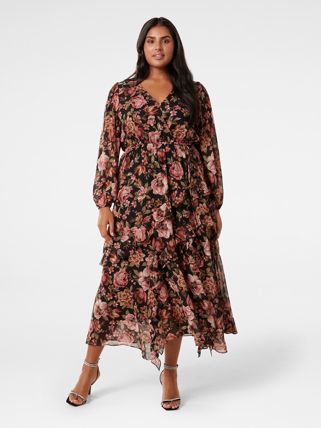 

Forever New Plus Size Floral Printed Tie Up Fit & Flare Midi Dress With Belt, Black