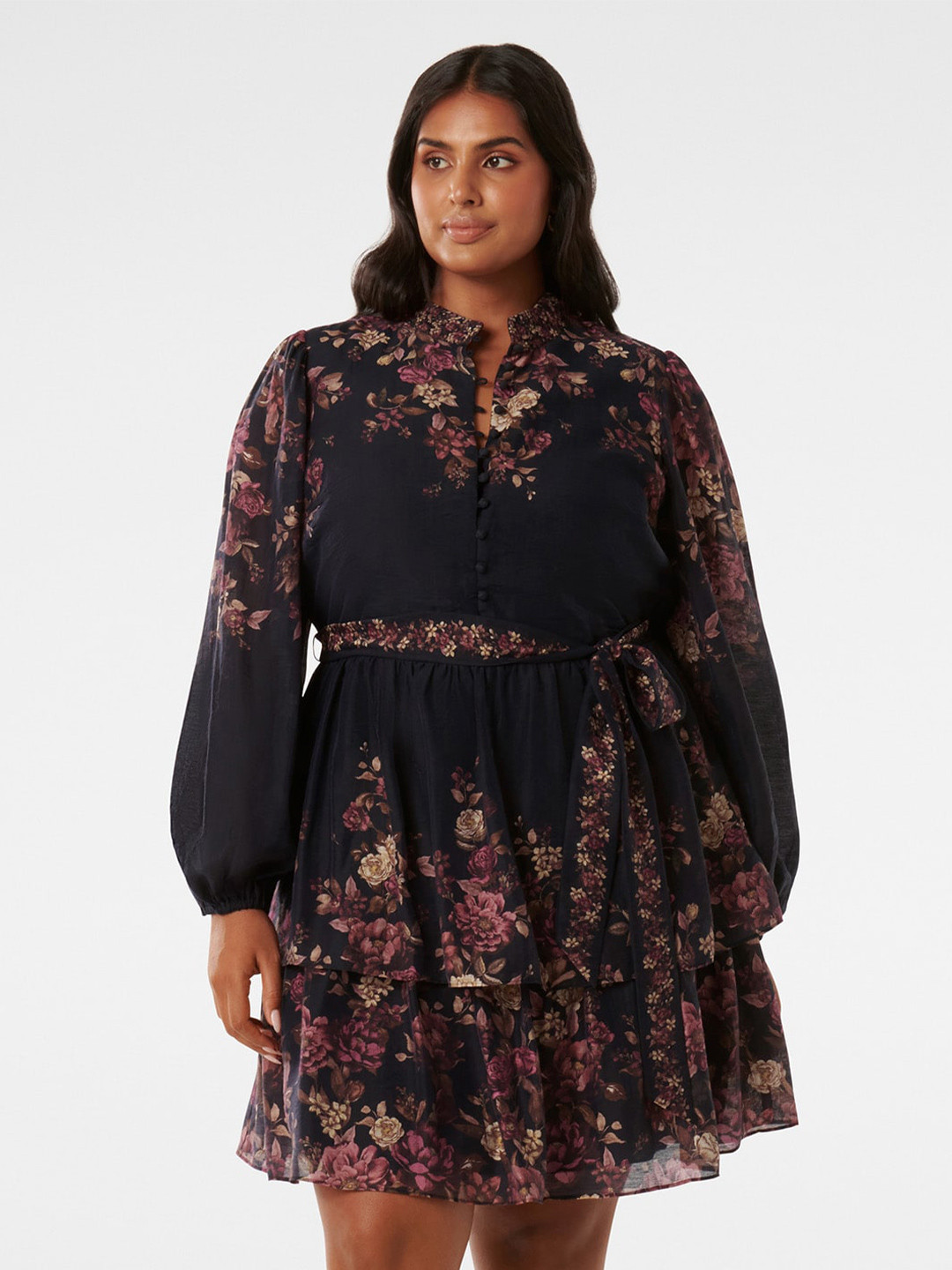 

Forever New Plus Size Floral Printed Tiered Fit & Flare Mini Dress With A Belt, Black
