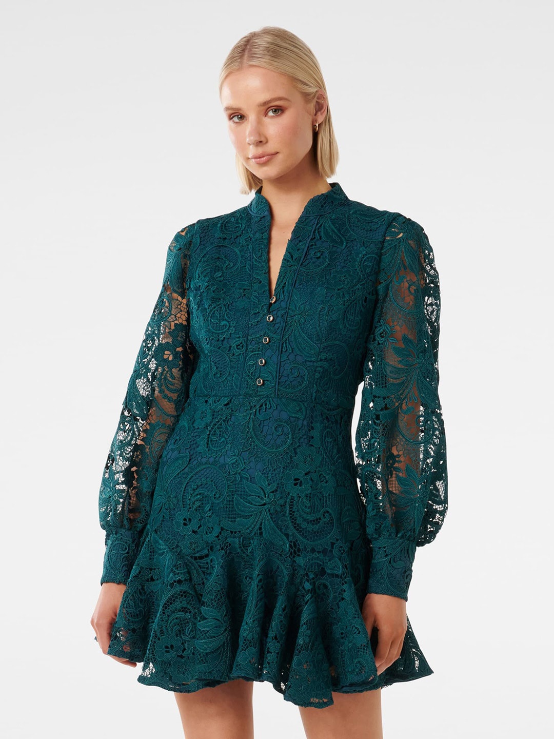 

Forever New Floral Self Design Lace Drop-Waist Mini Dress, Teal