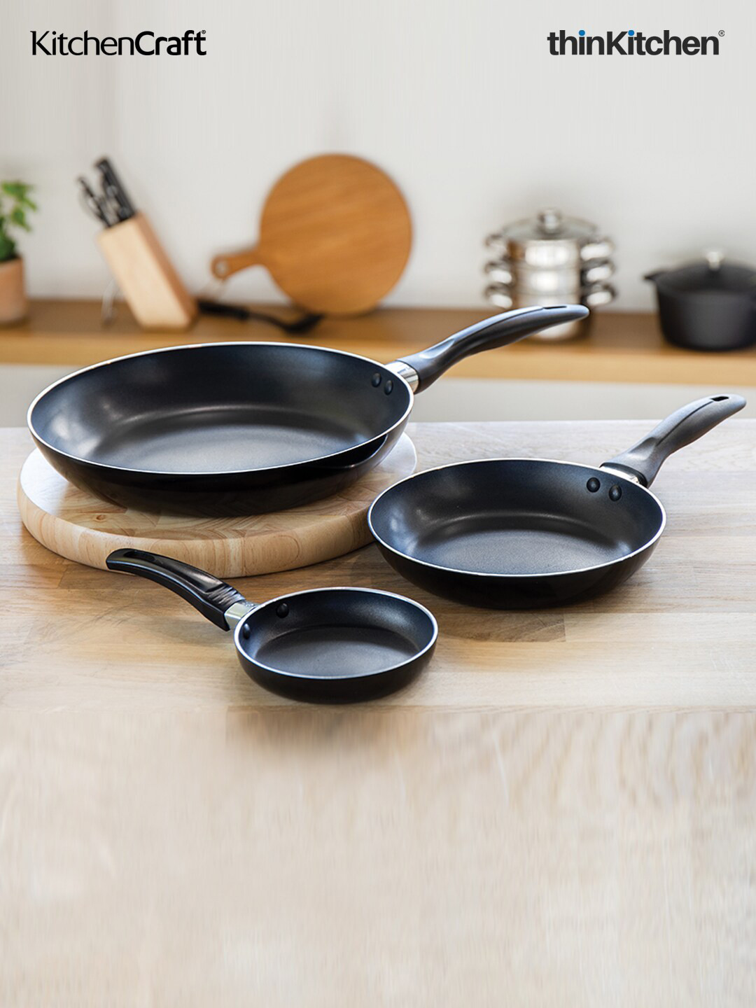 

KitchenCraft Black 3 Pieces Aluminium Non-Stick Frying Pan Set
