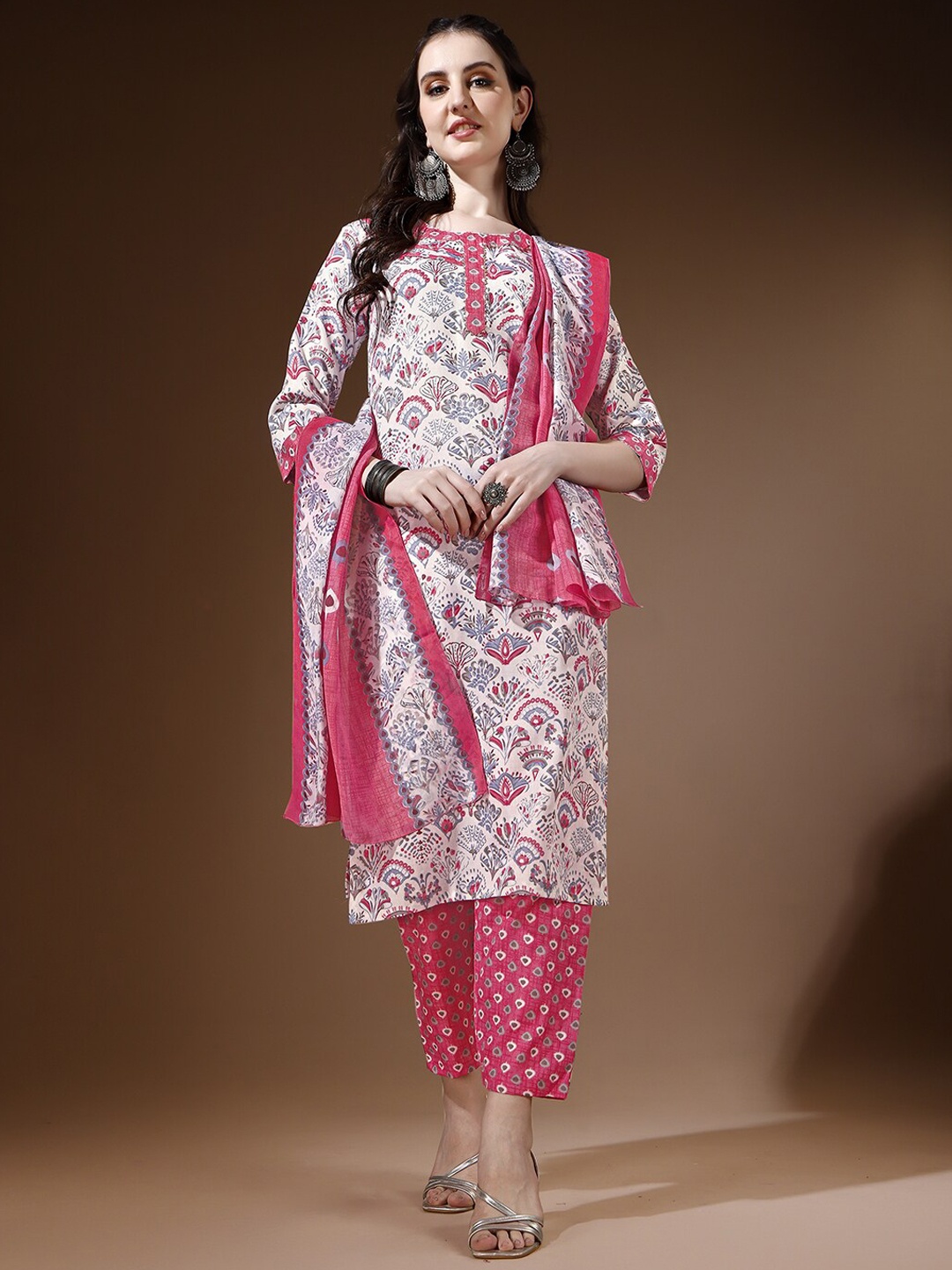 KALINI Ethnic Motifs Printed Regular Kurta with Trousers & With Dupatta, Pink