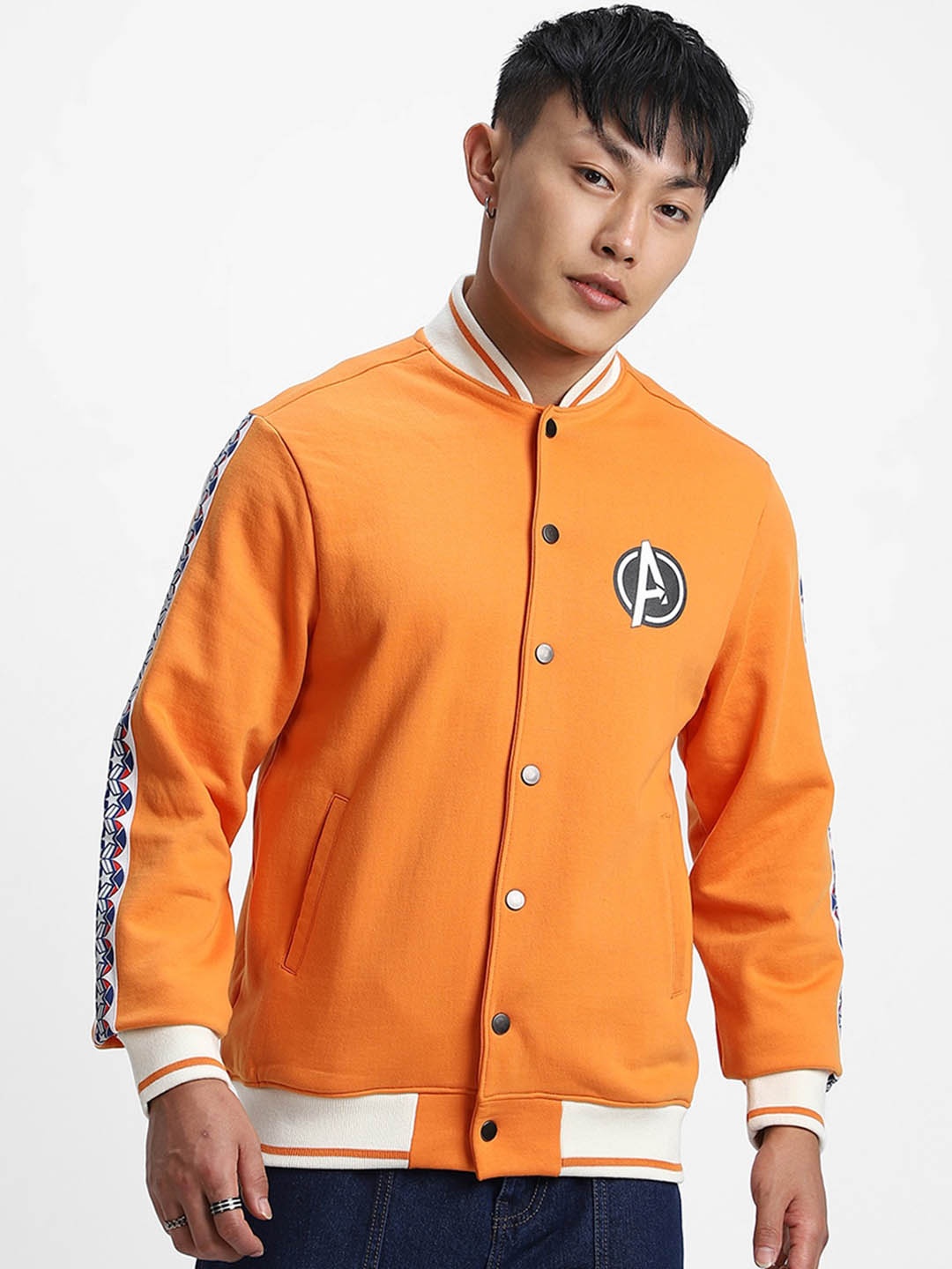 

VEIRDO Marvel & Iron Man Graphic Printed Lightweight Fleece Bomber Jacket, Orange