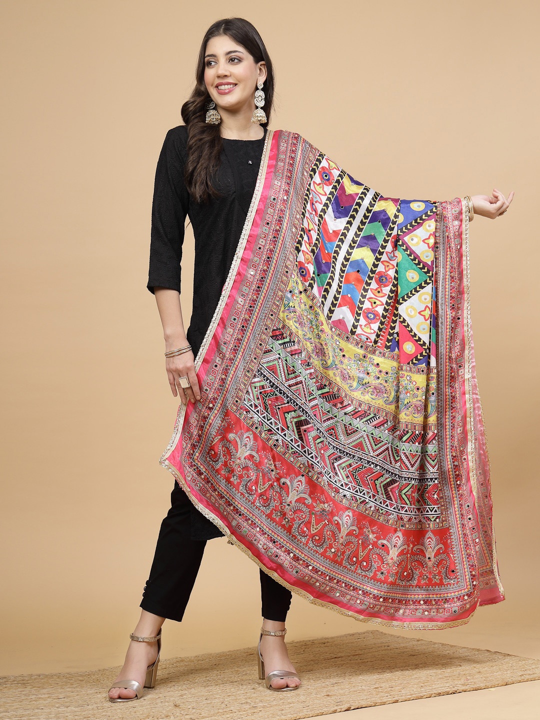 

Clora Creation Ethnic Motifs Printed Mirror Work Dupatta, Pink