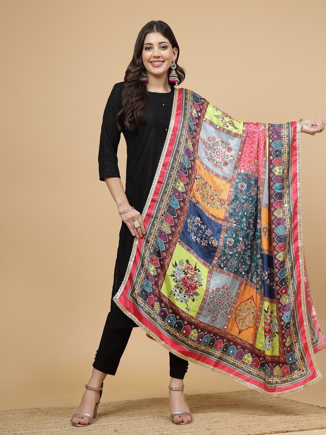 

Clora Creation Ethnic Motifs Printed Mirror Work Dupatta, Yellow